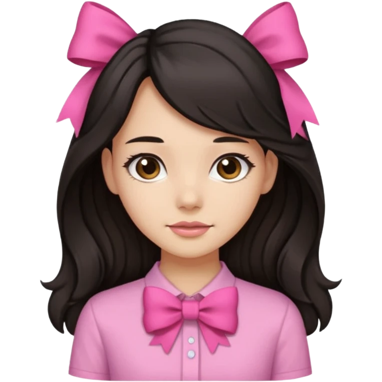 Pretty girl with long black straight kinda wavy hair with pink bow,pink shirt,and light brown skin color emoji