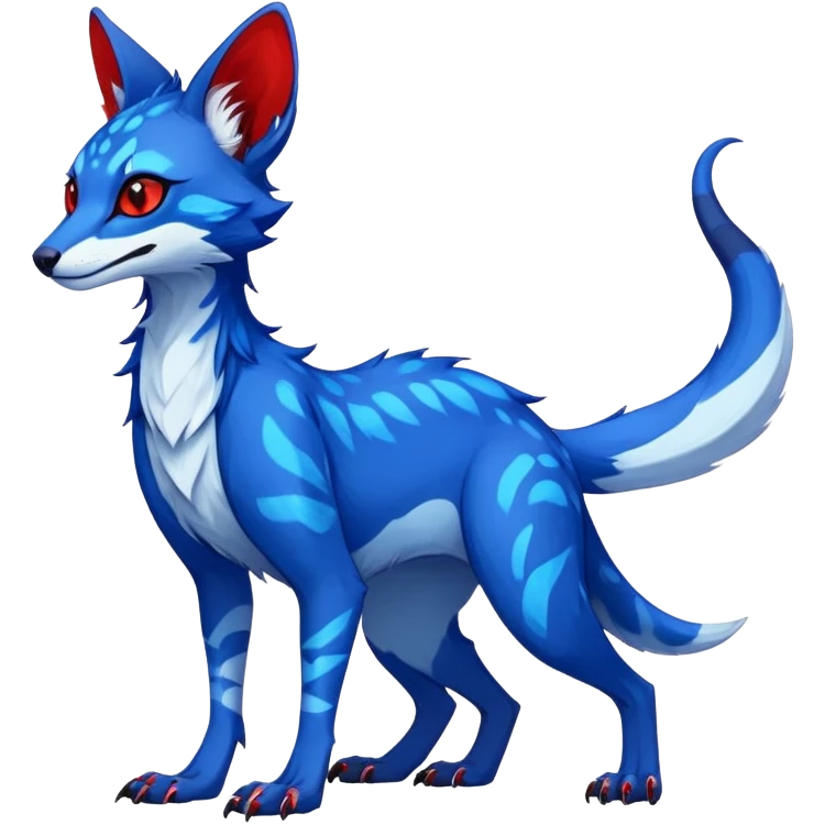 Feral Rare Fantasy neon-sapphire-blue Vernid-Sergal-Genet-species by LiLaiRa, random markings, tufted ears, full body, 4 legs, darker ears, darker legs, neon-red markings, white belly emoji