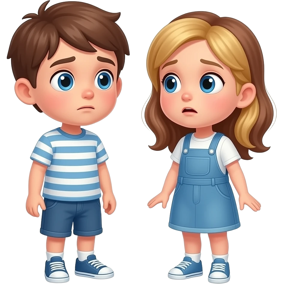 chico y chica son hermanos,se estan preguntando asustados donde estan, el chico castanyo i con pelo corto y la chica pelo suelto y un poco rubia pero castaño  y los dos tienen ojos azules son hermanos estan depie se les ve los pies emoji