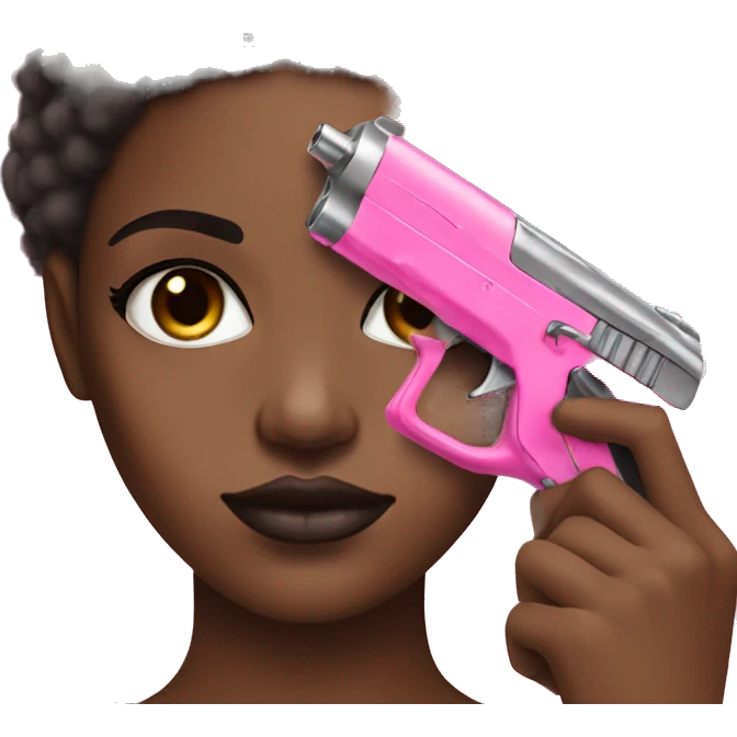 Afro hair brown girl hand pink nails holding pink gun black eyes emoji