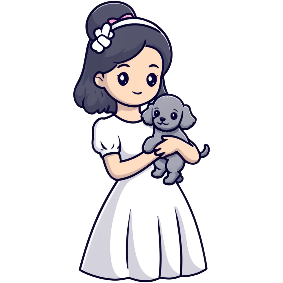 beautiful girl with long black hair in a white dress holding a small gray poodle emoji