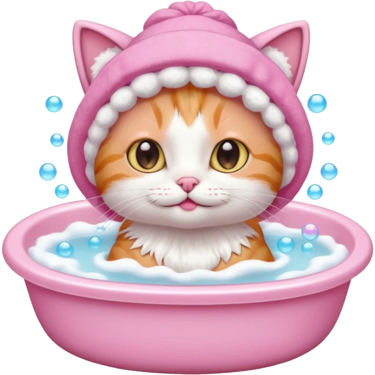Cat in bubble bath with pink bonnet emoji