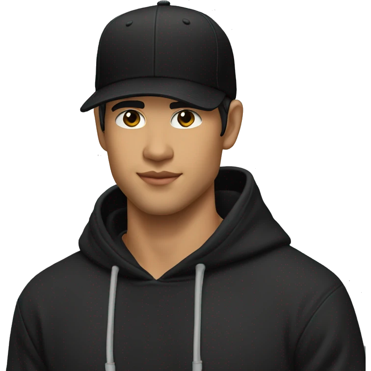 Lautner is wearing a black hoodie and has a black baseball cap with a visor back emoji