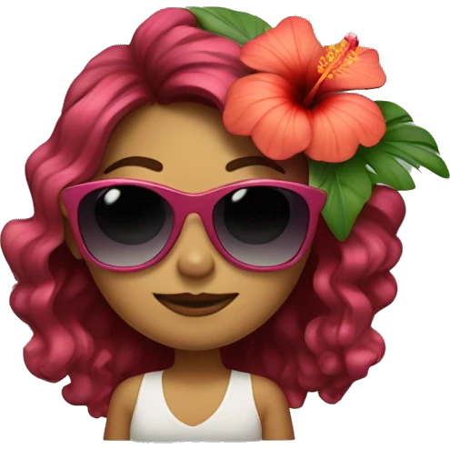 Girl with wavey hair with hibiscus flower and sunglasses emoji