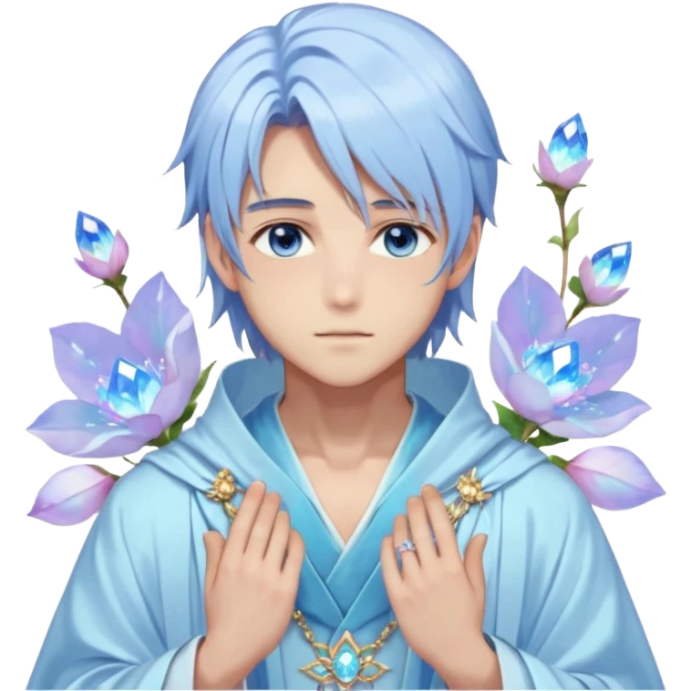 Beautiful gorgeous blushing blue-eyed youthful handsome anime guy with beautiful iridescent-pastel-whitish-special-medium-long-hair, fashion aesthetic, ethereal, fairycore, pastelcore, flower petals, crystals, layered robes, accessories, jewelries, gold, colorful, shiny, trending style, outside emoji