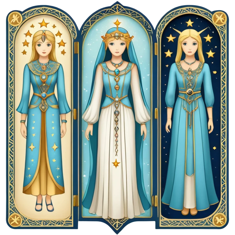 Tarot style wardrobe card showing elegant clothing items with celestial symbols, mystical style definition emoji