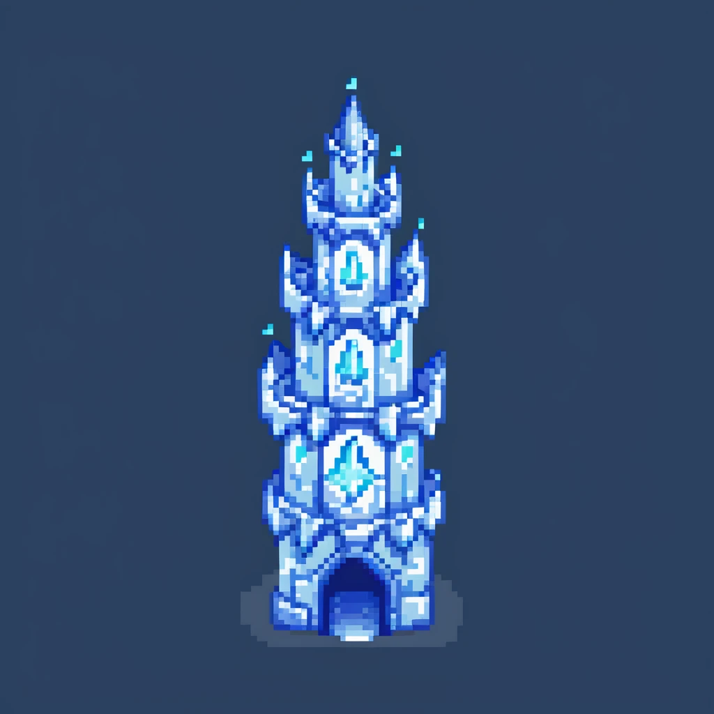 Magical ice tower home for a penguin wizard with glowing windows and magical aura emoji