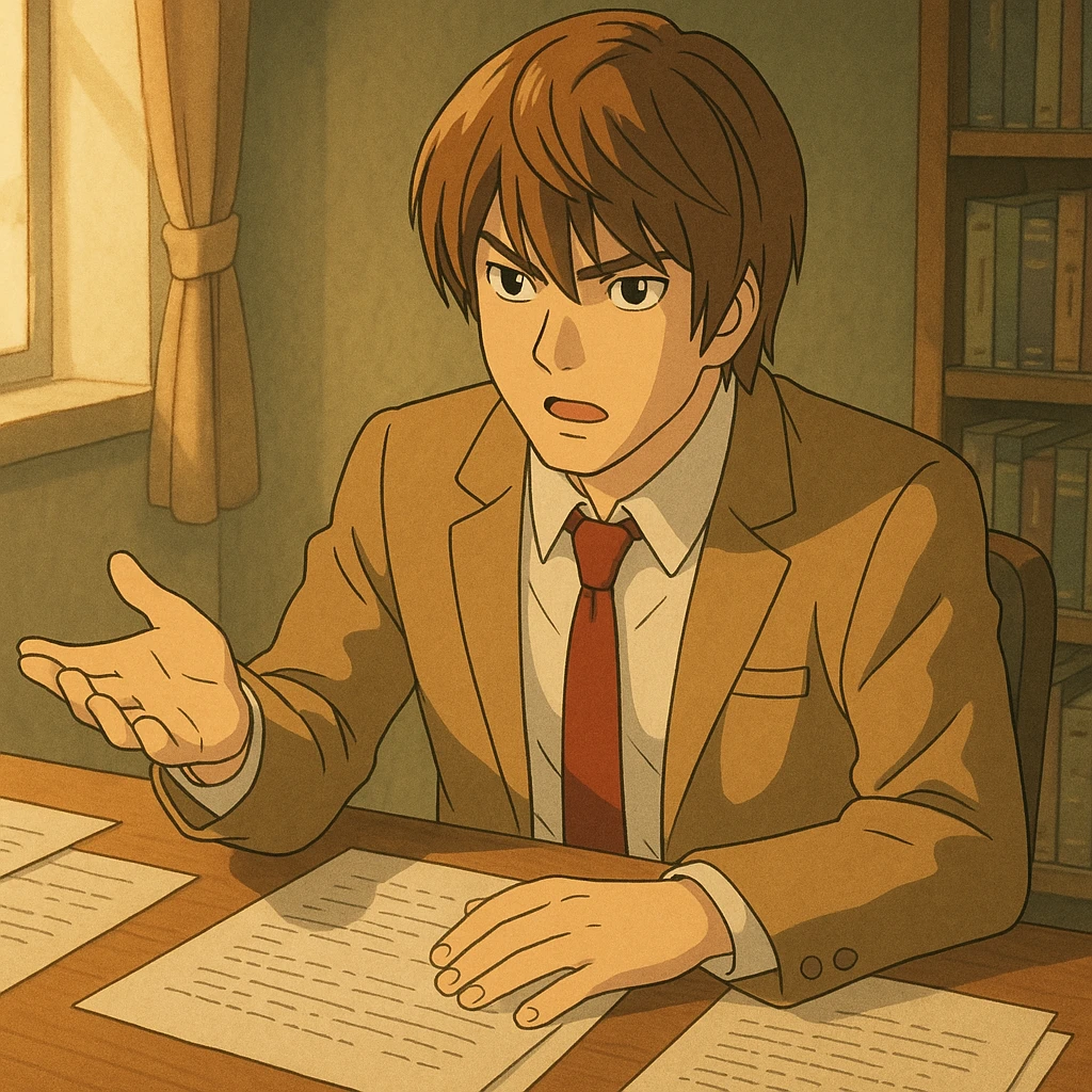 Light Yagami sitting at a desk with papers, explaining with a serious look, gentle lighting, animated details in Ghibli style emoji