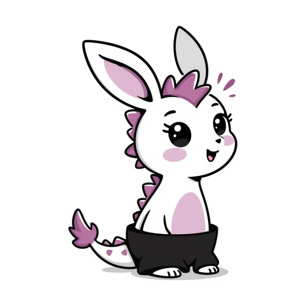 Kawaii bunny plant dragon in Samriel style, tiny spikes, extremely cute, exaggerated proportions, huge sparkly eyes, soft rounded shapes, blushing cheeks, pastel colors with pink and purple tones, delicate linework, small mouth, adorable expression, slightly sketchy lines but clean overall look emoji