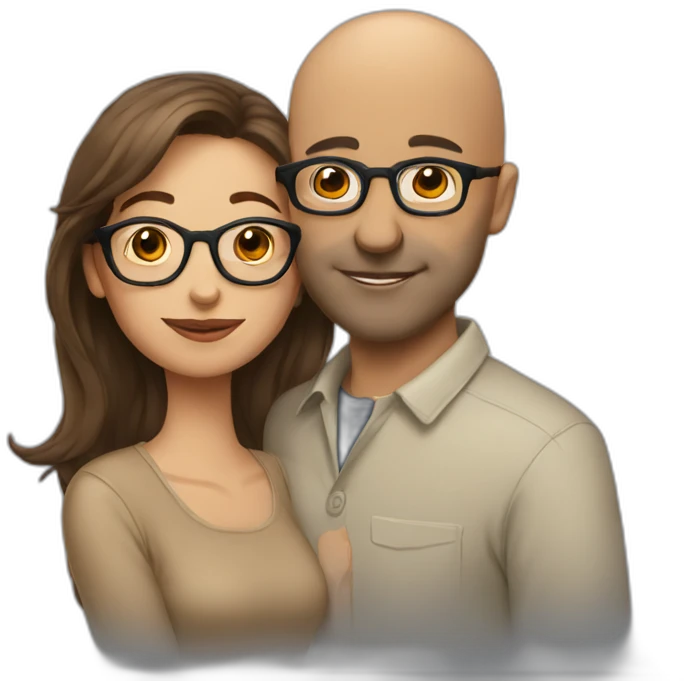 brown haired woman kissing bald man with glasses emoji