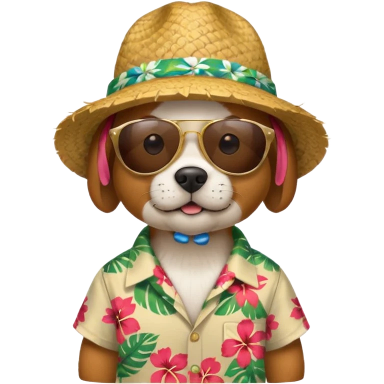 dog with sunglasses and straw hat, hawaii shirt emoji