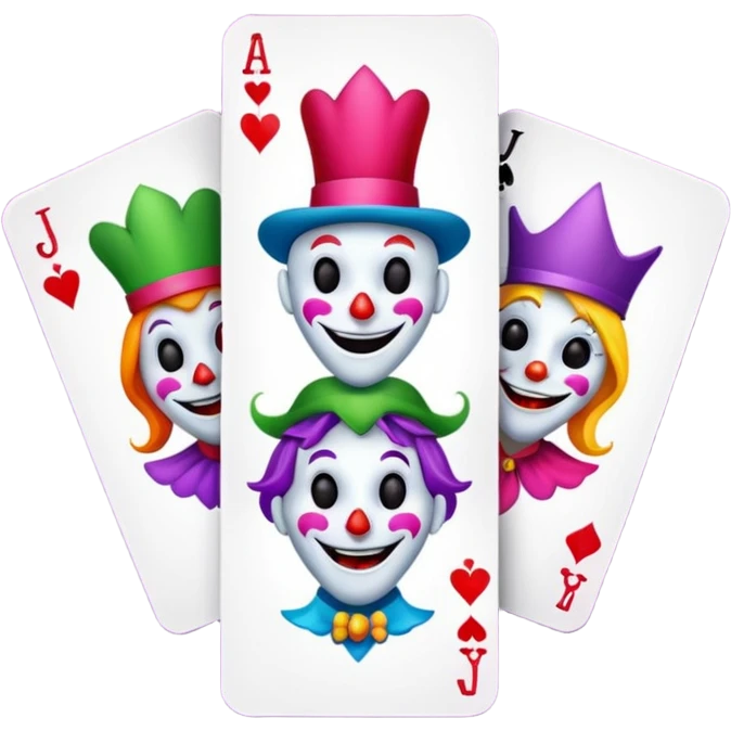3 poker cards, with crazy colorful human jolly jokers inside emoji