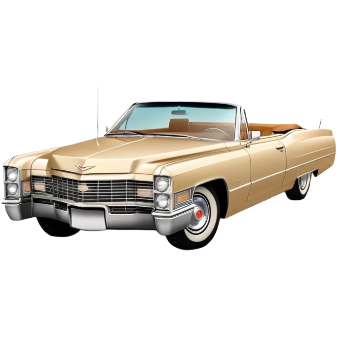 Iconic beige 1966 Cadillac DeVille with distinct front grille and headlights, precise three-quarter view at 30 degrees, authentic vintage luxury proportions, as seen in Once Upon a Hollywood, iOS emoji style emoji