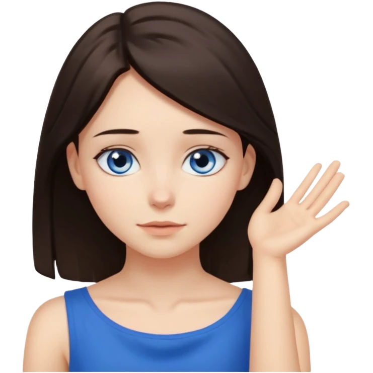 Girl with dark brown hair thats about shoulder lenght with blue eyes covering their neck with two hands without clothes emoji
