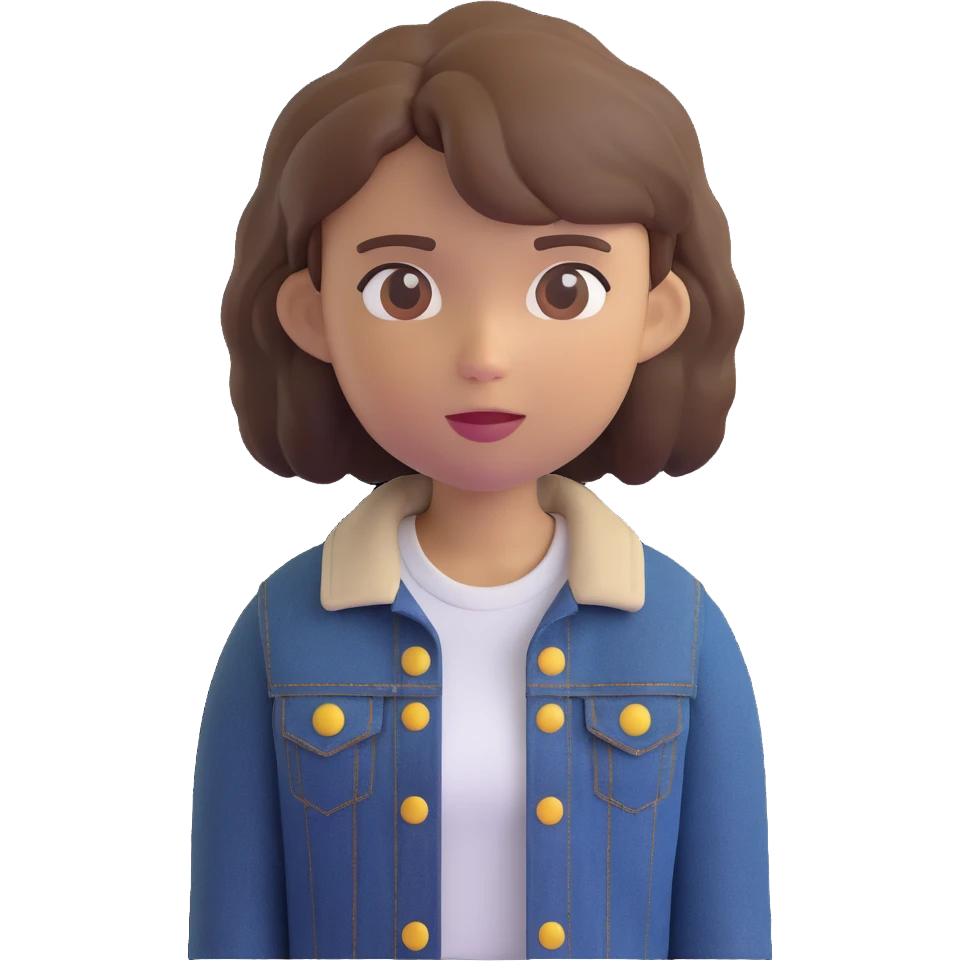 3D emoji style character with short tousled brown hair, light skin, neutral expression, wearing a black denim jacket, head centered, neutral background, all other details exactly the same as the original emoji