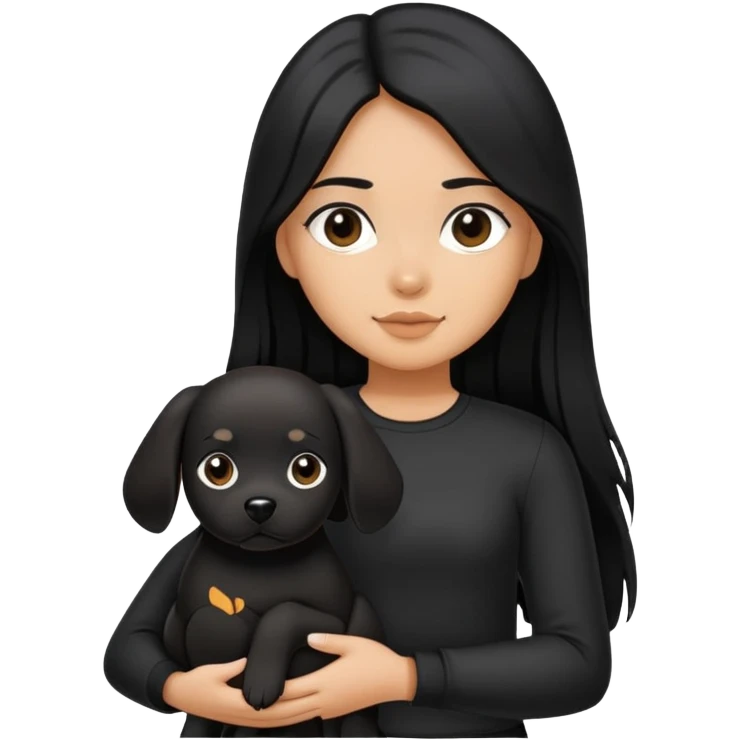 A girl with long black hair wearing black clothes holding a black dog in one hand emoji