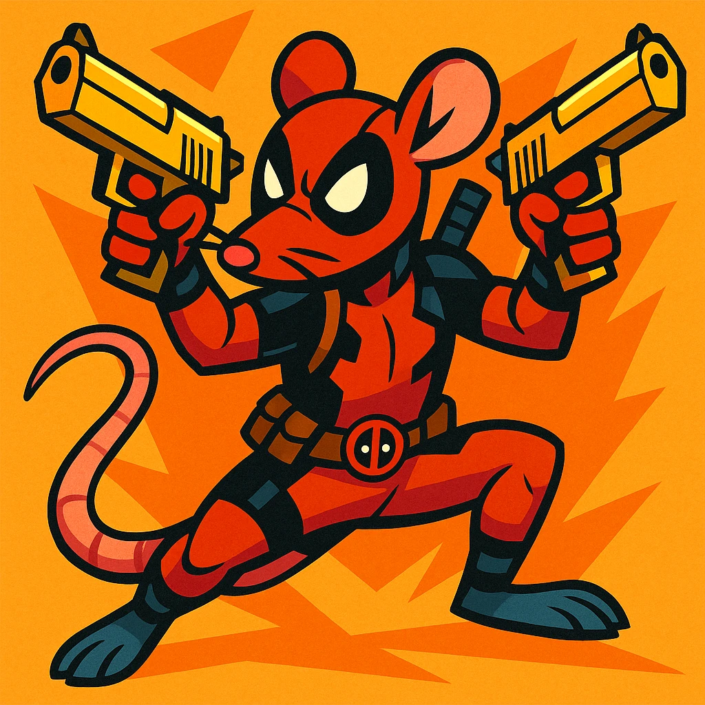 A rat in a Deadpool costume, dual-wielding gold Deagle pistols, action stance, vibrant colors emoji