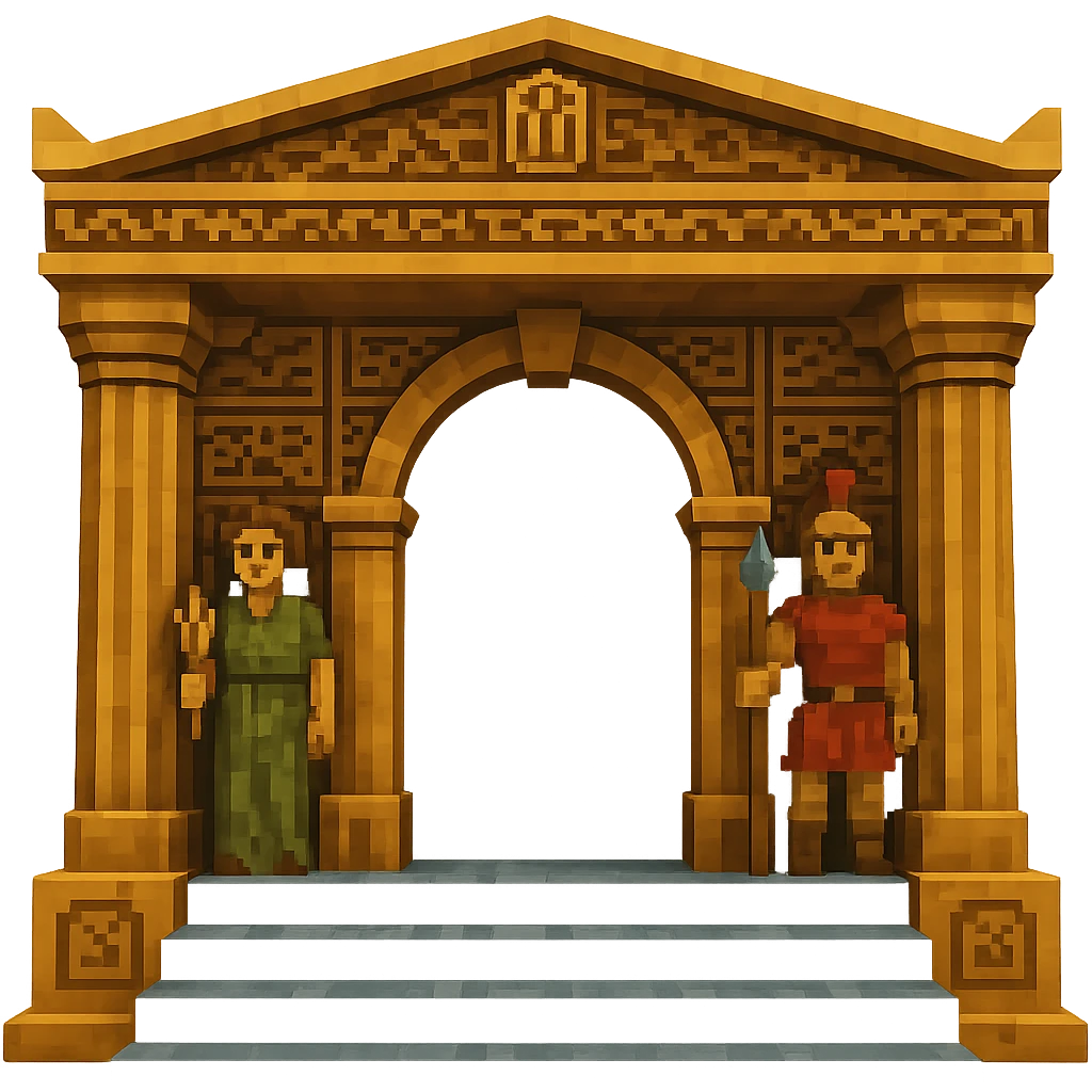 Add Greek gods including Demeter and Ares at the entrance of the Olympian temple in a low poly 3D style, keep the background transparent. emoji