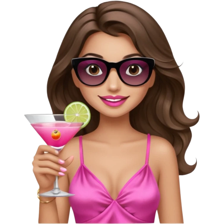 girl with long wavy brown hair, brown eyes, long lashes makeup, sexy pink lips, smiling, light to medium complexion, wearing a pink sexy silk top, relaxing in a beach chair, wearing black sunglasses, holding a drink emoji