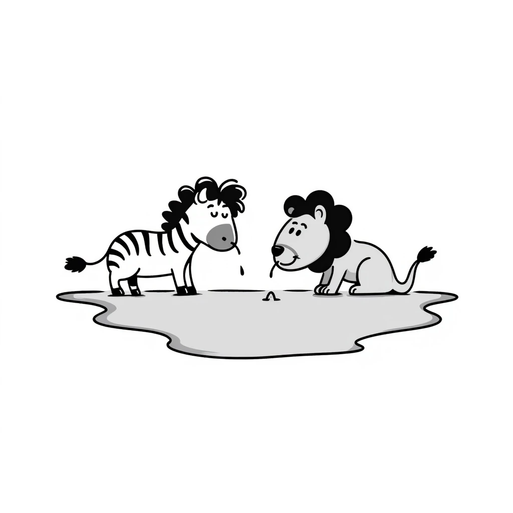 zebra and lion drinking water from pond emoji
