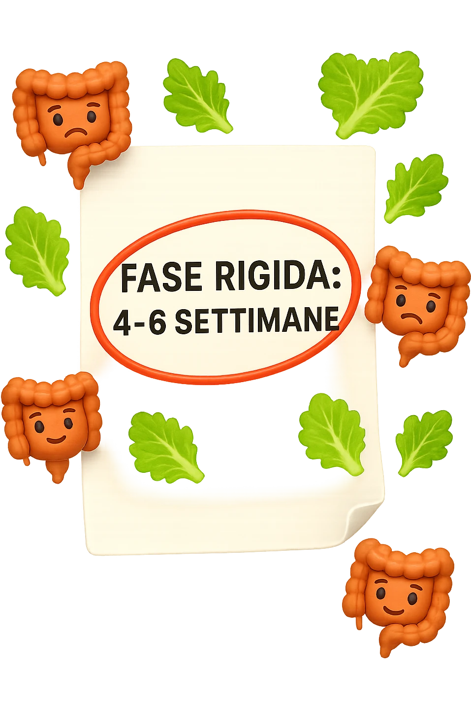 EMOJI STILE IPHONE DI UN foglio di carta fluttua in aria con la scritta "FASE RIGIDA: 4-6 SETTIMANE" CERCHIATA A PENNA IN ROSSO, ATTORNO AL FOGLIO FLUTTUANO PICCOLI TRATTI DI COLON UMANO IN STILE EMOJI E FOGLIE DI INSALATA, REALISTICA 4K emoji