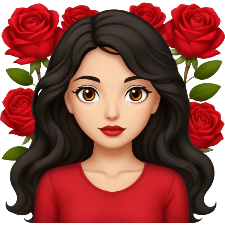 Olive brown eyed women with black long wavy hair rose background red top emoji