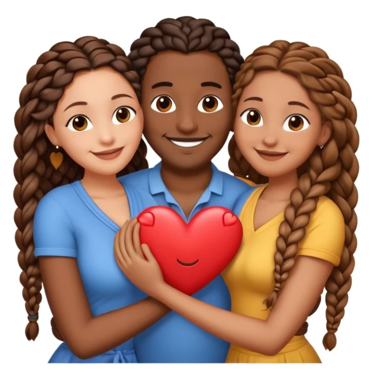 A throuple, with one tall large brown skinned black man with a low cut, a brown skinned large woman with long hair, and a brown skinned woman with braids, embracing each other, heart emoji emoji