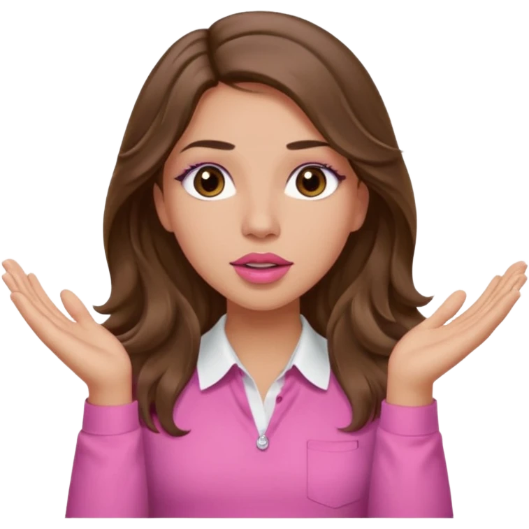 girl with long wavy brown hair, brown eyes, light to medium complexion, in a pink shirt, pink lips, long lashes, puckered lips, both hands all the way up for worship emoji