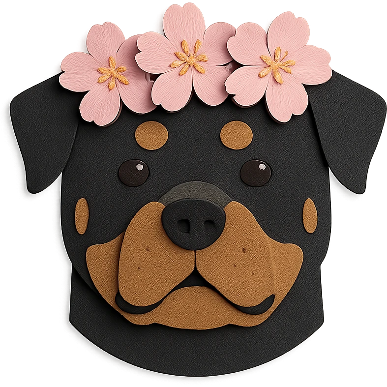 rottweiler with a cherry blossom flower crown in paper craft style emoji