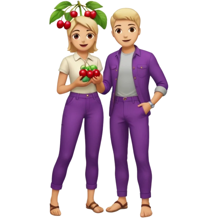 Can you merge the cherries 🍒 with 🍆 together they should hang on the body at the pocket part 🧍🏼. Together I also want to have this emoji 🧎🏻‍♀️‍➡️in front of me where she is looking at the cobbled together 🍒🍆 hanging on my pants emoji