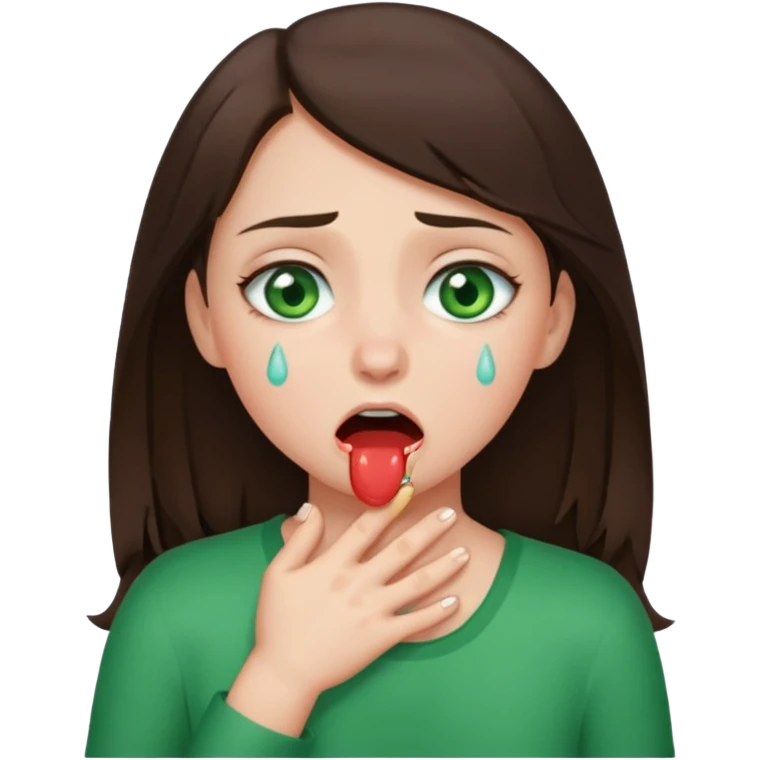 Brunette girl with green eyes choking herself emoji