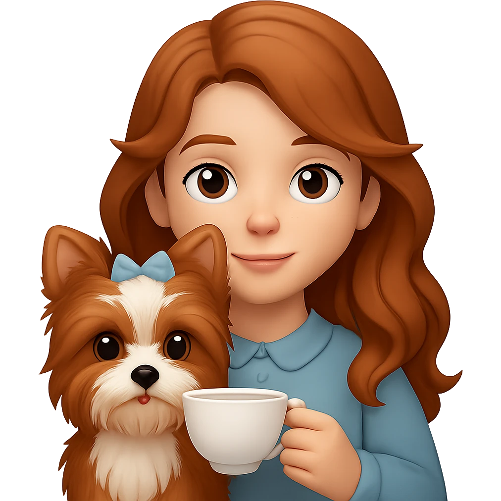 Make the yorkie dog much bigger, keep the 11 year old girl with freckles and long wavy brown hair, preserve the look of apple style emoji, no background. emoji