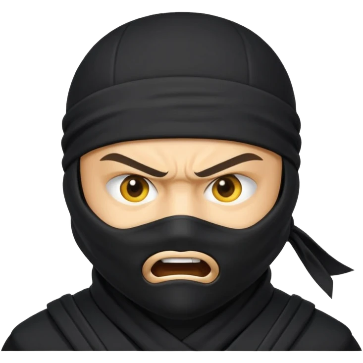 angry ninja face emoji, classic yellow emoji style, all black ninja mask, no mouth, intense eyes, black ninja headband tie emoji