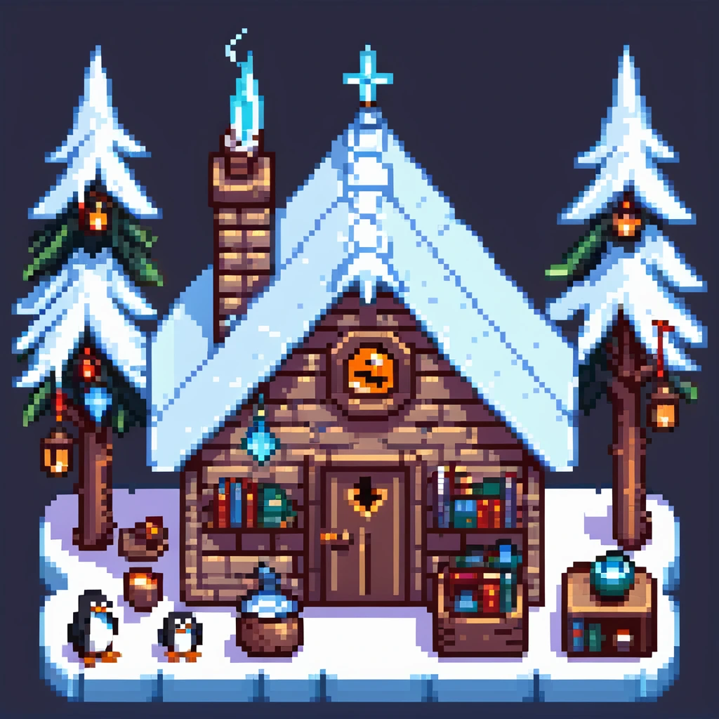 Cozy penguin wizard cottage with spell books, icy decorations, and magical artifacts emoji
