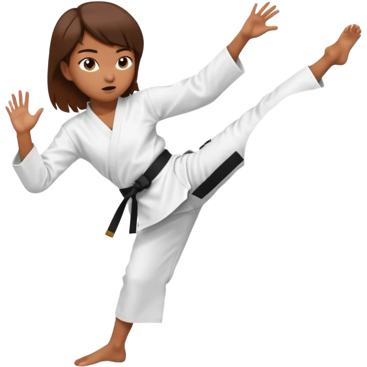 Ragazza castana che pratica karate, ha la cintura nera ed io tradizionale kimono bianco del karate, tira un calcio laterale  emoji
