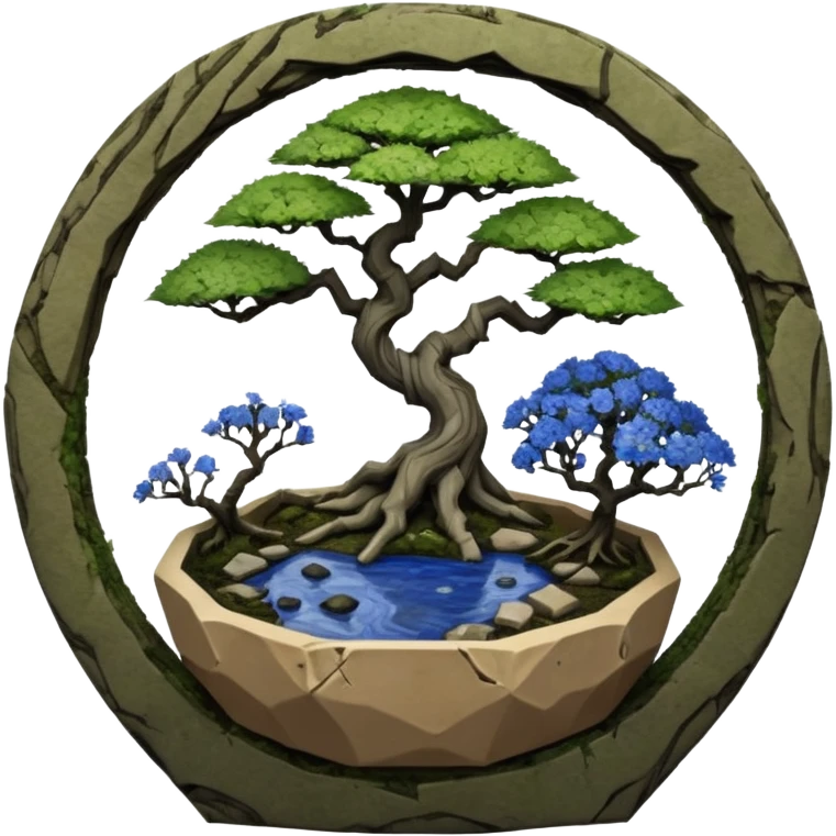 Alien vines landscape mudman very old broken cracked intricate Stone Age rocky-crusted irregular dodecagon-shaped shallow dark moss rough bark blue willow flowered maple tree bonsai pot emoji