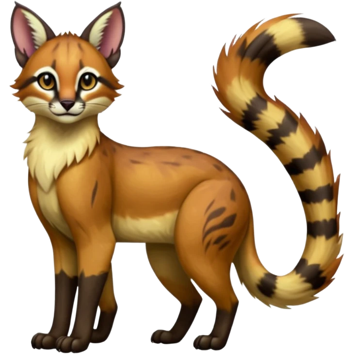 Colorful dark tropical exotic cute cool beautiful shiny beautiful fantasy-caracal-civet-genet-sergal-vernid-serval-Gryphon-Cacomistle-Trico-oncilla-animal-Fakémon-hybrid-fursona (full body) emoji