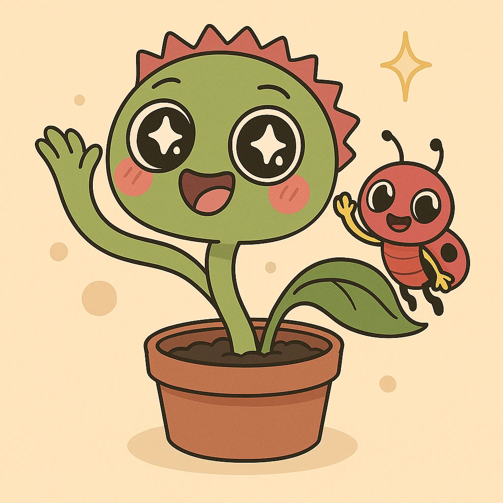 Add a playful tiny bug friend waving at the Venus flytrap, maintaining the cartoon style with bright colors and expressive features. emoji