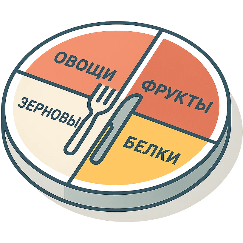 Harvard Healthy Eating Plate divided into 4 sectors labeled in Russian: 'Овощи', 'Фрукты', 'Зерновые', 'Белки', with fork and knife icon in the center, clean lines, modern infographic, transparent background emoji