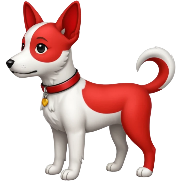 Perro blanco  con orejas negras  con un collar rojo sentado emoji