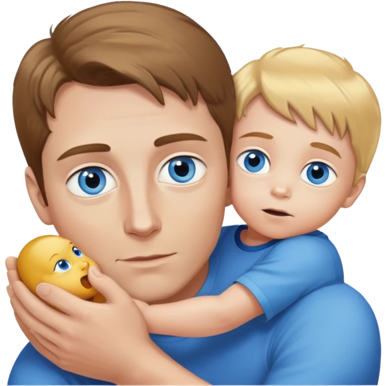 A white man brown hair, blue narrow eyes with a small child with golden hair and blue eyes in his arms is peeping, the emphasis is on the eyes, white skin emoji