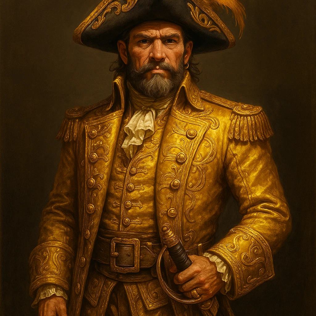 a pirate in a golden uniform and a hat with a golden feather, detailed, character design emoji