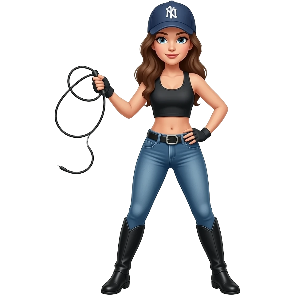 woman in riding jodhpurs, crop top, and baseball cap, cracking a bullwhip in one hand, and her other hand on her hip, standing with her legs apart emoji