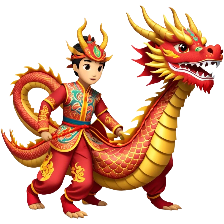 Cinematic Realistic scene of two performers guiding an elaborately designed dragon costume during a Dragon Dance, with vivid traditional patterns and dynamic motion, set under festive, red-tinged lighting emoji