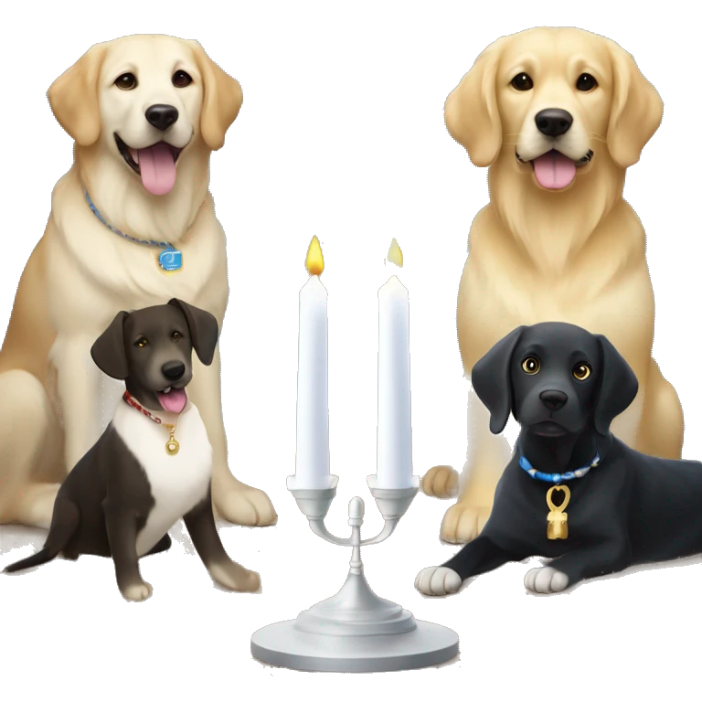 two dogs one a golden retriever and the other is a black labrador retriever with white paws and a white chest and a white spot on her nose. the dogs are next to a menorah  emoji