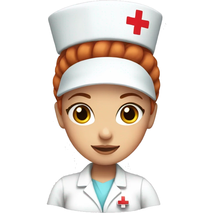 nurse with red hair in a bun and white hat with red cross emoji