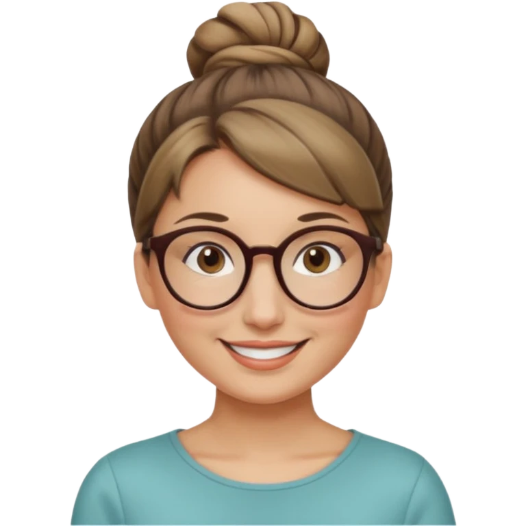 femme de 38 ans avec des cheveux blond foncé, un chignon haut, yeux bruns, lunettes rondes emoji