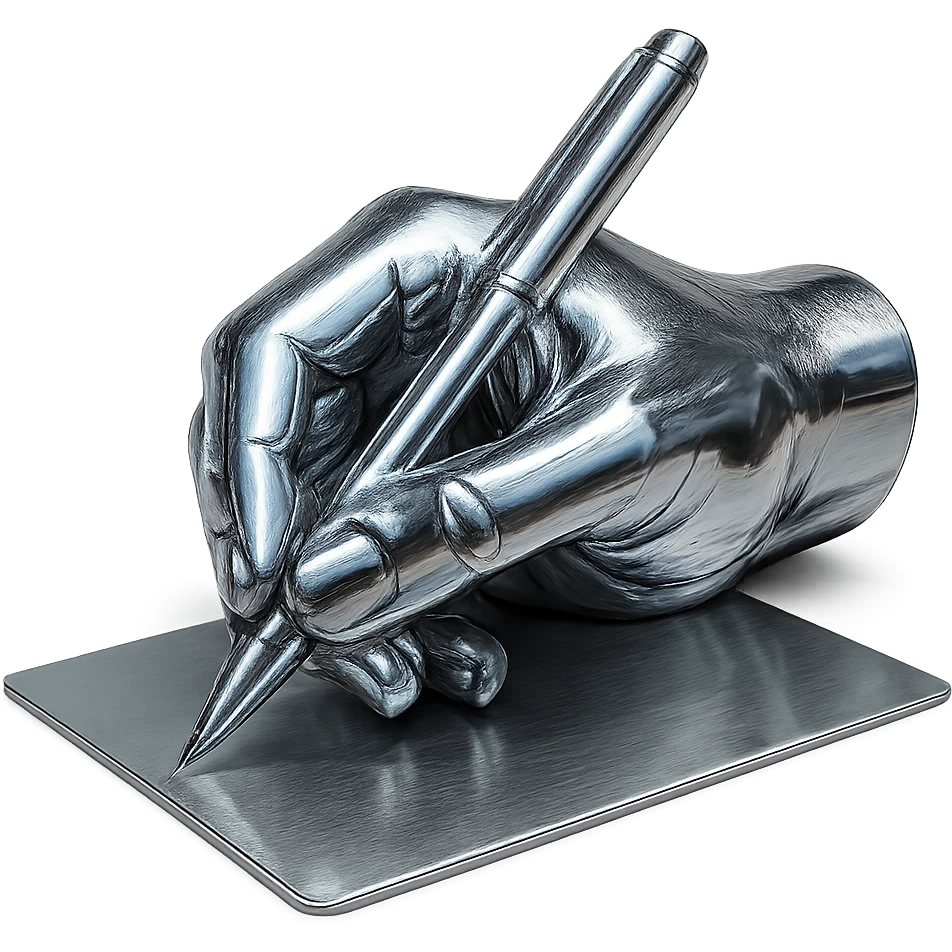 reflective chrome hand with a pen, writing on a sheet of paper, highly metallic emoji