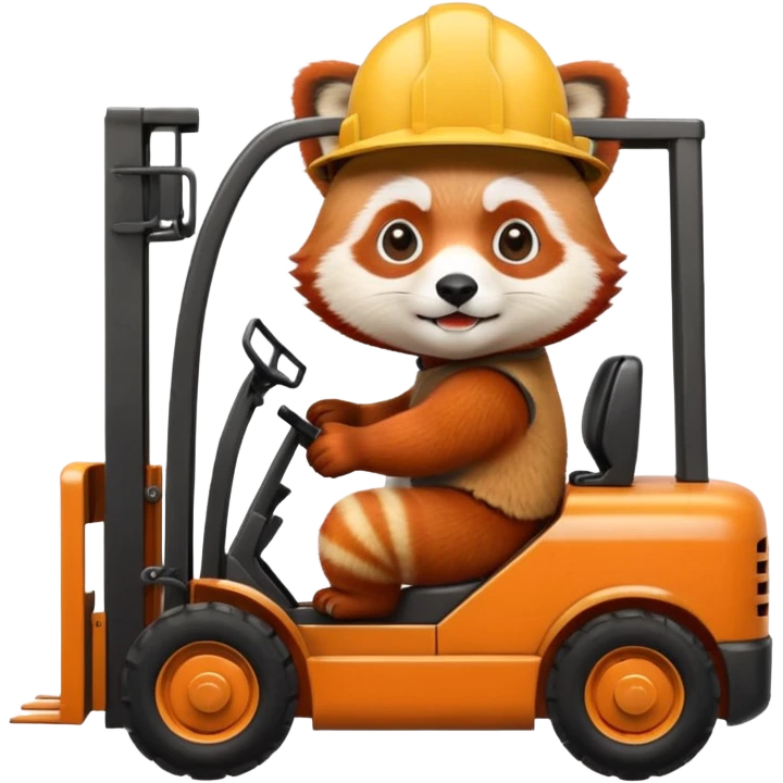 Red panda driving forklift. Make sure it looks like a red panda with all fur variations. Put a hard hat on the panda emoji