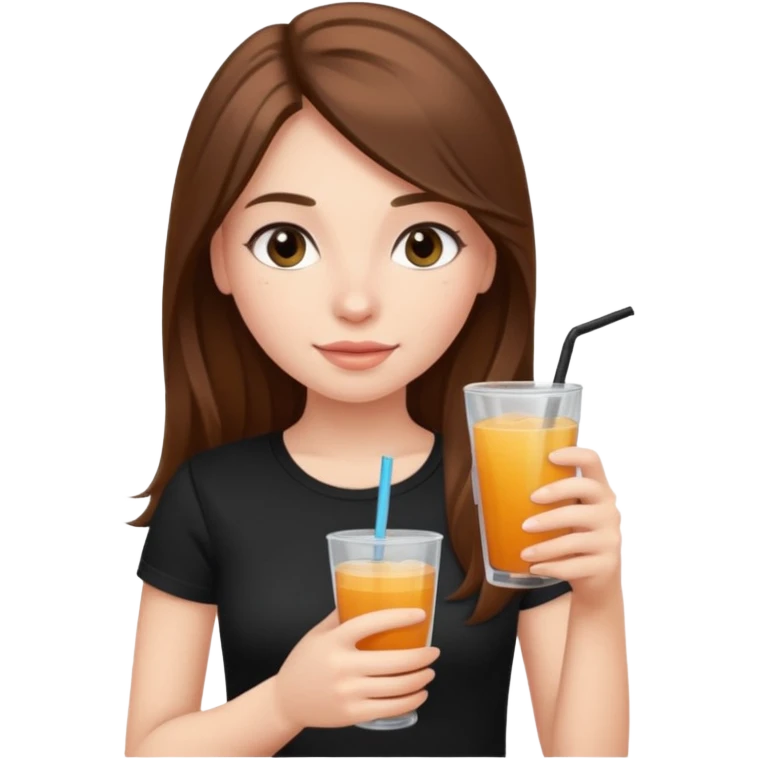 girl with long brown hair, rosey cheeks, long eyelashes dressed with a black thight tshirt and a drink in her hand emoji